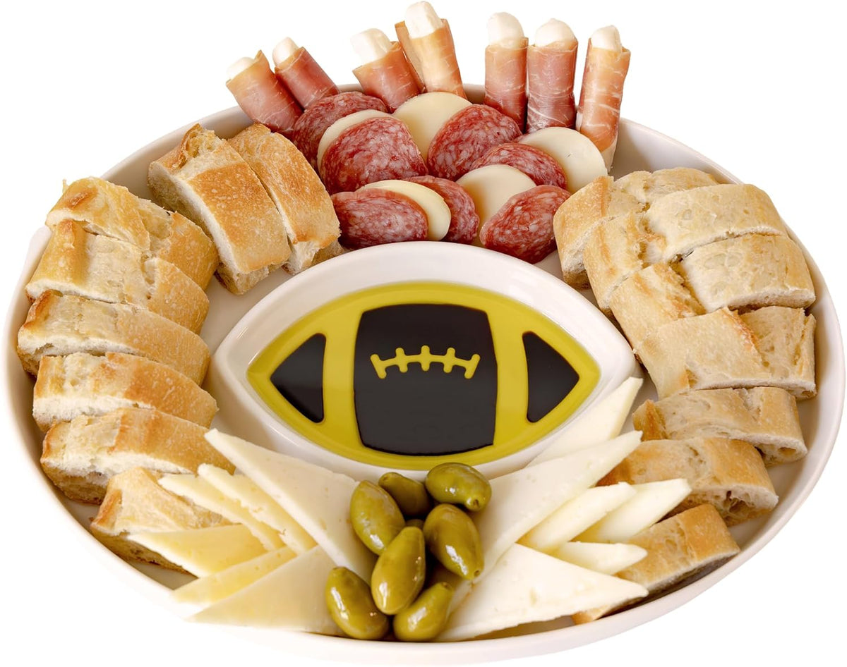 Football Bowl - Porcelain Serving Platter for Bread with Olive Oil, Chip and Dip Serving Set, Charcuterie Dish for Football Parties and Tailgating